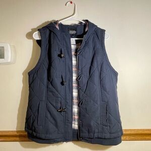 BGSD vest Women’s Large Quilted banded waist Navy Blue Plaid lining‎ hooded warm